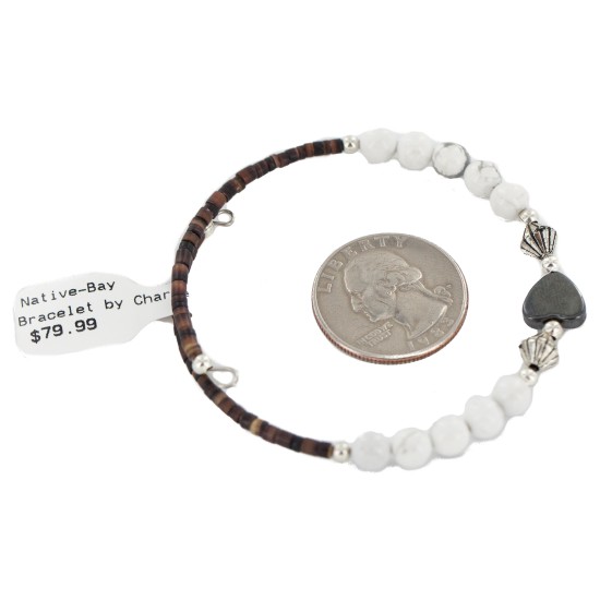 Navajo Certified Authentic Heart Natural Hematite Heishi White Howlite Native American Adjustable Wrap Bracelet 13151-40