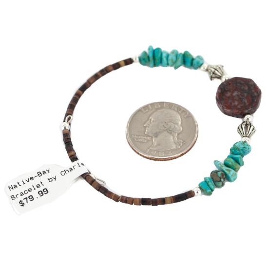 Navajo Certified Authentic Natural Turquoise Red Jasper Heishi Native American Adjustable Wrap Bracelet 13151-34