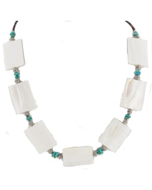 .925 Sterling Silver Certified Authentic Navajo Natural Turquoise Mother of Pearl Native American Necklace 750213-1