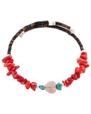 Certified Authentic Navajo Coral Natural Pink Quartz Heishi Native American Adjustable Wrap Bracelet  13151-6