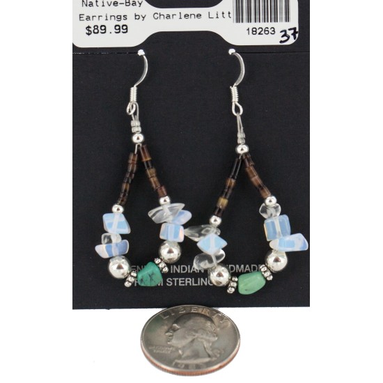 Certified Authentic .925 Sterling Silver Hooks Natural Turquoise Opalite Heishi Hoop Native American Dangle Earrings 18263-37