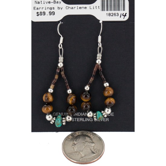 Certified Authentic .925 Sterling Silver Hooks Natural Turquoise Tigers Eye Heishi Hoop Native American Dangle Earrings 18263-14