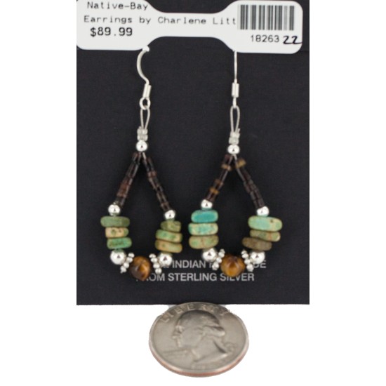 Certified Authentic Navajo .925 Sterling Silver Hooks Natural Turquoise Tigers Eye Heishi Hoop Native American Dangle Earrings 18263-22