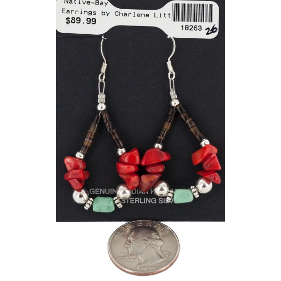Certified Authentic Navajo .925 Sterling Silver Hooks Natural Turquoise Coral Heishi Hoop Native American Dangle Earrings 18263-26