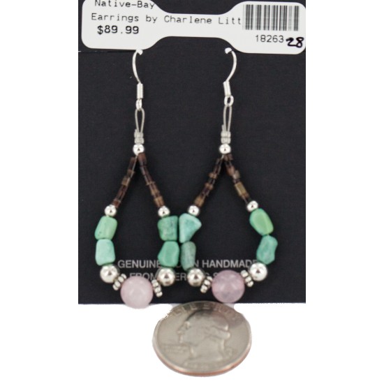 Certified Authentic .925 Sterling Silver Hooks Natural Turquoise Pink Quartz Heishi Hoop Native American Dangle Earrings 18263-28 Certified Authentic .925 Sterling Silver Hooks Natural Turquoise Pink Quartz Heishi Hoop Native American Dangle Earrings 18263-28