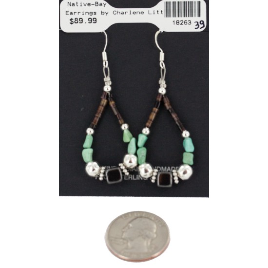 Certified Authentic Navajo .925 Sterling Silver Hooks Natural Turquoise Hematite Heishi Hoop Native American Dangle Earrings 18263-39
