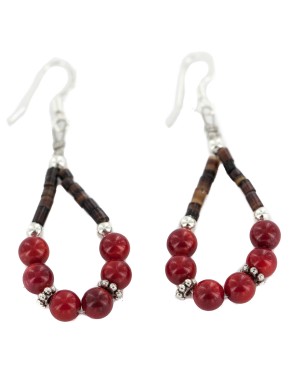 Certified Authentic .925 Sterling Silver Hooks Coral Heishi Hoop Native American Dangle Earrings 18263-38