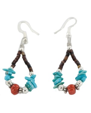 Certified Authentic .925 Sterling Silver Hooks Coral Natural Turquoise Heishi Hoop Native American Dangle Earrings 18263-20