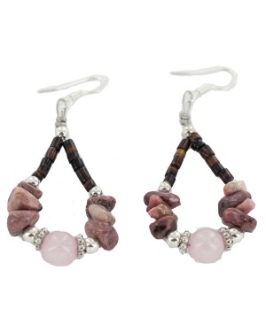 Certified Authentic .925 Sterling Silver Hooks Natural Charoite Pink Quartz Heishi Hoop Native American Dangle Earrings 18263-8