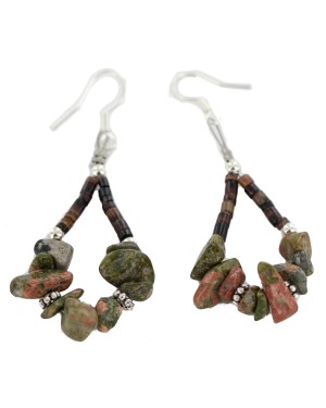 Certified Authentic .925 Sterling Silver Hooks Natural Green Jasper Heishi Hoop Native American Dangle Earrings 18263-19