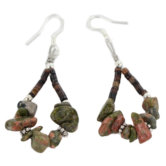Certified Authentic .925 Sterling Silver Hooks Natural Green Jasper Heishi Hoop Native American Dangle Earrings 18263-19