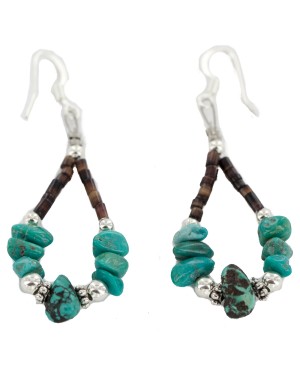 Certified Authentic .925 Sterling Silver Hooks Natural Spiderweb Turquoise Heishi Hoop Native American Dangle Earrings 18263-21