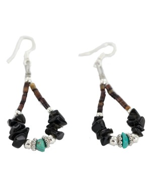 Certified Authentic .925 Sterling Silver Hooks Natural Turquoise Black Onyx Heishi Hoop Native American Dangle Earrings 18263-7
