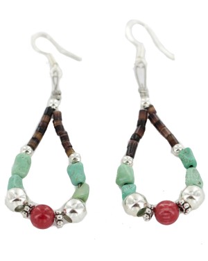 Certified Authentic .925 Sterling Silver Hooks Natural Turquoise Coral Heishi Hoop Navajo Native American Dangle Earrings 18263-40