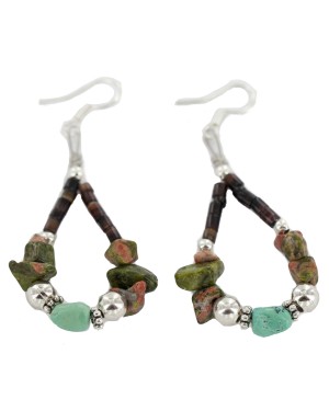 Certified Authentic .925 Sterling Silver Hooks Natural Turquoise Green Jasper Heishi Hoop Native American Dangle Earrings 18263-24