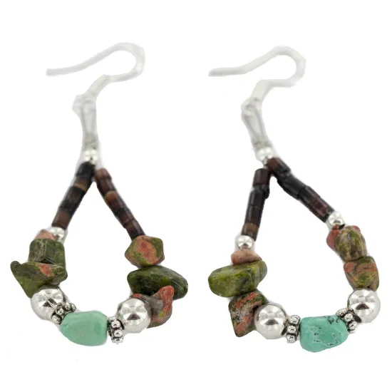 .925 Sterling Silver Hooks Natural Turquoise Green Jasper Heishi Hoop Native American Dangle Earrings 18263-24 .925 Sterling Silver Hooks Natural Turquoise Green Jasper Heishi Hoop Native American Dangle Earrings 18263-24