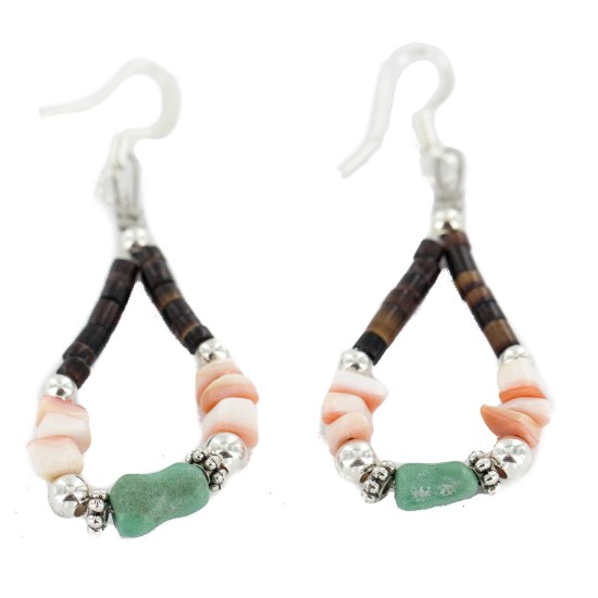 Certified Authentic .925 Sterling Silver Hooks Natural Turquoise Heishi Hoop Native American Dangle Earrings 18263-15