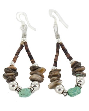 Certified Authentic .925 Sterling Silver Hooks Natural Turquoise Heishi Shell Hoop Native American Dangle Earrings 18263-13