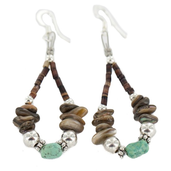 Certified Authentic .925 Sterling Silver Hooks Natural Turquoise Heishi Shell Hoop Native American Dangle Earrings 18263-13