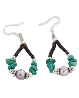 Certified Authentic .925 Sterling Silver Hooks Natural Turquoise Mother of Pearl Heishi Hoop Native American Dangle Earrings 18263-11