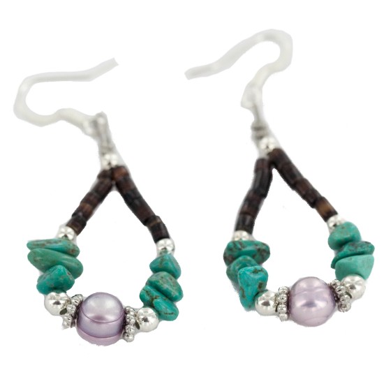 Certified Authentic .925 Sterling Silver Hooks Natural Turquoise Mother of Pearl Heishi Hoop Native American Dangle Earrings 18263-11