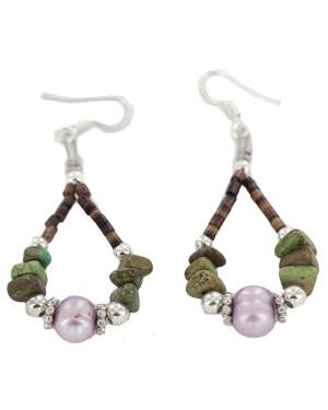 Certified Authentic .925 Sterling Silver Hooks Natural Turquoise Mother of Pearl Heishi Hoop Native American Dangle Earrings 18263-36