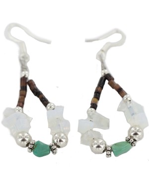 Certified Authentic .925 Sterling Silver Hooks Natural Turquoise Opalite Heishi Hoop Native American Dangle Earrings 18263-37