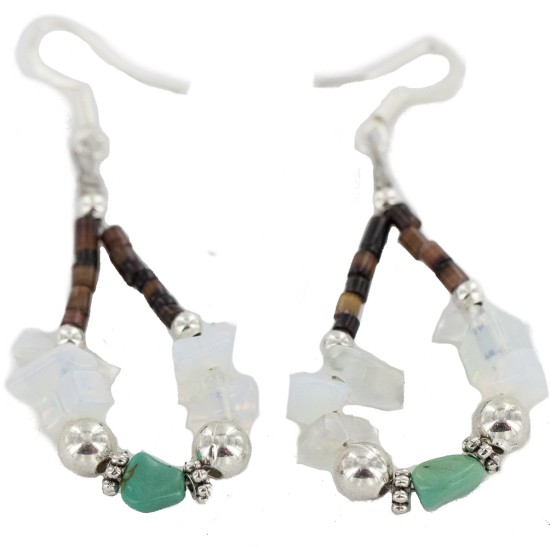 Certified Authentic .925 Sterling Silver Hooks Natural Turquoise Opalite Heishi Hoop Native American Dangle Earrings 18263-37