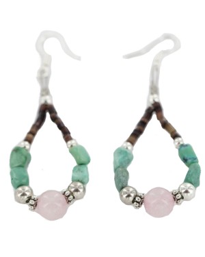 Certified Authentic .925 Sterling Silver Hooks Natural Turquoise Pink Quartz Heishi Hoop Native American Dangle Earrings 18263-28