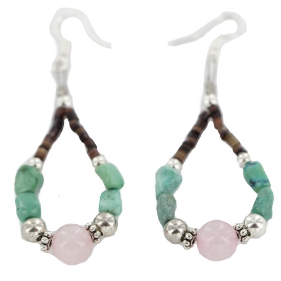 Certified Authentic .925 Sterling Silver Hooks Natural Turquoise Pink Quartz Heishi Hoop Native American Dangle Earrings 18263-28 Certified Authentic .925 Sterling Silver Hooks Natural Turquoise Pink Quartz Heishi Hoop Native American Dangle Earrings 18263-28