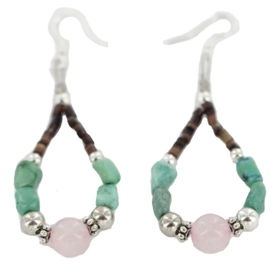 .925 Sterling Silver Hooks Natural Turquoise Pink Quartz Heishi Hoop Native American Dangle Earrings 18263-28 .925 Sterling Silver Hooks Natural Turquoise Pink Quartz Heishi Hoop Native American Dangle Earrings 18263-28