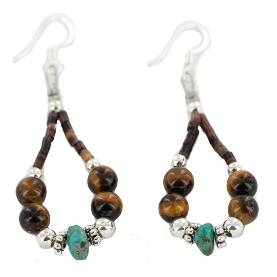 Certified Authentic .925 Sterling Silver Hooks Natural Turquoise Tigers Eye Heishi Hoop Native American Dangle Earrings 18263-14