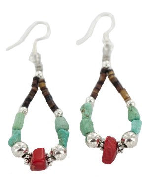 Certified Authentic .925 Sterling Silver Hooks Navajo Natural Turquoise Coral Heishi Hoop Native American Dangle Earrings 18263-23