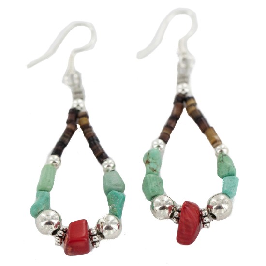 Certified Authentic .925 Sterling Silver Hooks Navajo Natural Turquoise Coral Heishi Hoop Native American Dangle Earrings 18263-23