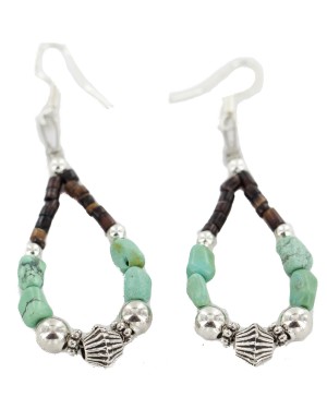 Certified Authentic .925 Sterling Silver Hooks Navajo Natural Turquoise Heishi Hoop Native American Dangle Earrings 18263-30