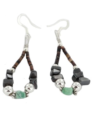 Certified Authentic .925 Sterling Silver Hooks Navajo Natural Turquoise Hematite Heishi Hoop Native American Dangle Earrings 18263-31