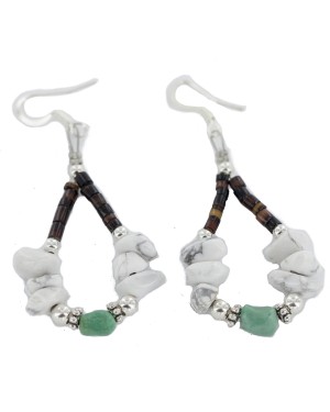 Certified Authentic .925 Sterling Silver Hooks White Howlite Heishi Hoop Native American Dangle Earrings 18263-9