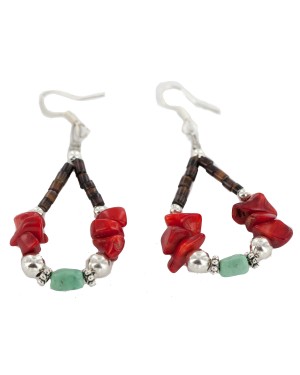 Certified Authentic Navajo .925 Sterling Silver Hooks Natural Turquoise Coral Heishi Hoop Native American Dangle Earrings 18263-26
