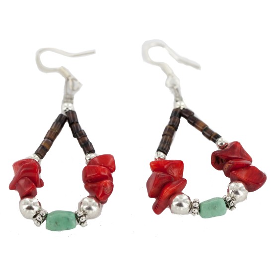 Certified Authentic Navajo .925 Sterling Silver Hooks Natural Turquoise Coral Heishi Hoop Native American Dangle Earrings 18263-26
