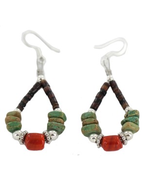 Certified Authentic Navajo .925 Sterling Silver Hooks Natural Turquoise Coral Heishi Hoop Native American Dangle Earrings 18263-34