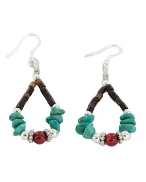 Certified Authentic Navajo .925 Sterling Silver Hooks Natural Turquoise Coral Heishi Hoop Native American Dangle Earrings 18263-35