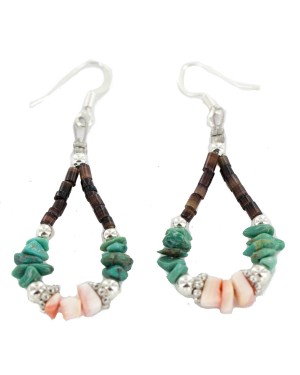 Certified Authentic Navajo .925 Sterling Silver Hooks Natural Turquoise Heishi Hoop Native American Dangle Earrings 18263-27