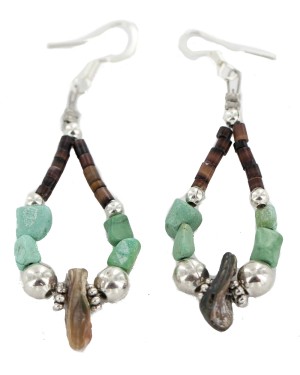 Certified Authentic Navajo .925 Sterling Silver Hooks Natural Turquoise Heishi Shell Hoop Native American Dangle Earrings 18263-29