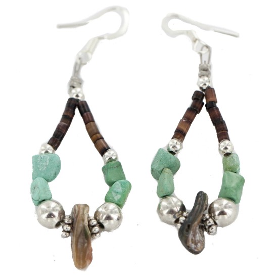 Certified Authentic Navajo .925 Sterling Silver Hooks Natural Turquoise Heishi Shell Hoop Native American Dangle Earrings 18263-29