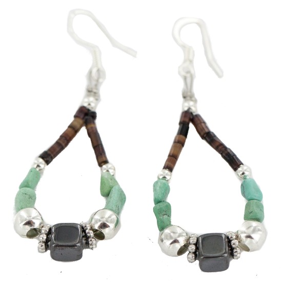 Certified Authentic Navajo .925 Sterling Silver Hooks Natural Turquoise Hematite Heishi Hoop Native American Dangle Earrings 18263-39