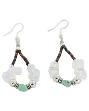 Certified Authentic Navajo .925 Sterling Silver Hooks Natural Turquoise Opalite Heishi Hoop Native American Dangle Earrings 18263-25