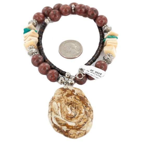 Flower .925 Sterling Silver Certified Authentic Navajo Natural Turquoise Jasper Graduated Melon Shell Native American Necklace 750208-6