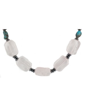 .925 Sterling Silver Certified Authentic Navajo Natural Turquoise Pink Quartz Hematite Native American Necklace 750207-1