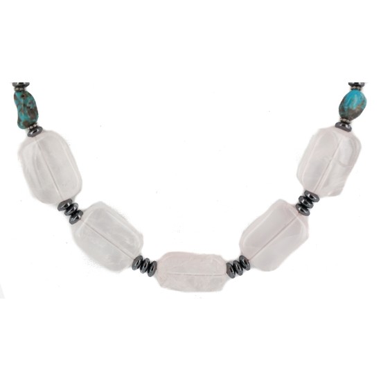 .925 Sterling Silver Certified Authentic Navajo Natural Turquoise Pink Quartz Hematite Native American Necklace 750207-1 .925 Sterling Silver Certified Authentic Navajo Natural Turquoise Pink Quartz Hematite Native American Necklace 750207-1