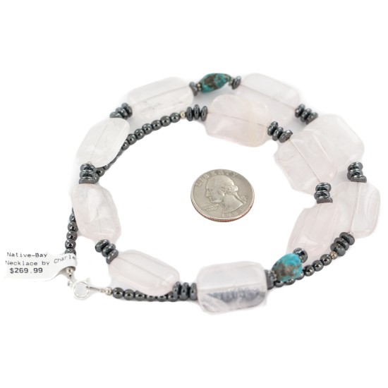 .925 Sterling Silver Certified Authentic Navajo Natural Turquoise Pink Quartz Hematite Native American Necklace 750207-1 .925 Sterling Silver Certified Authentic Navajo Natural Turquoise Pink Quartz Hematite Native American Necklace 750207-1